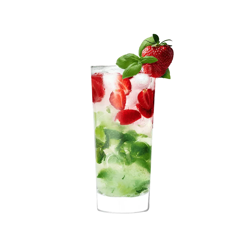 Cruzan® Strawberry Basil Smash cocktail in a tall clear glass mixed with basil and sliced strawberries.