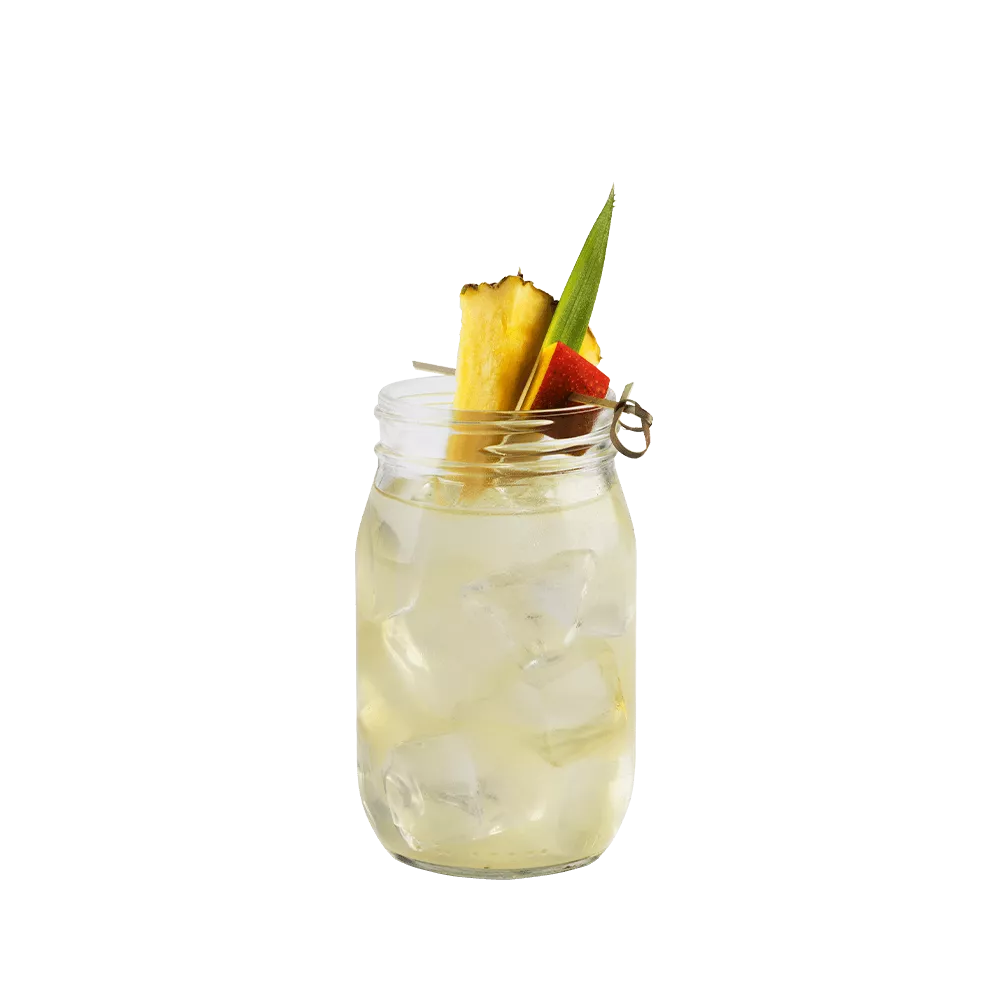 Cruzan® Confusion drink in a mason jar with a pineapple and mango garnish.