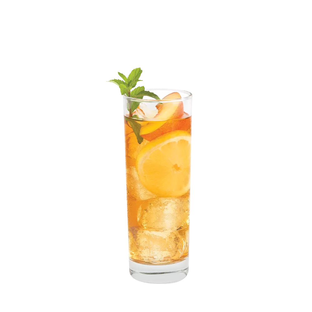 Cruzan® Citrus Rum and tea cocktail in a tall clear glass garnished with mint and peaches.