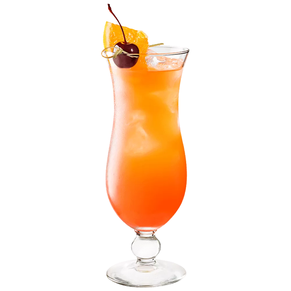 Hurricane cocktail in a clear glass garnished with a pineapple and cherry.