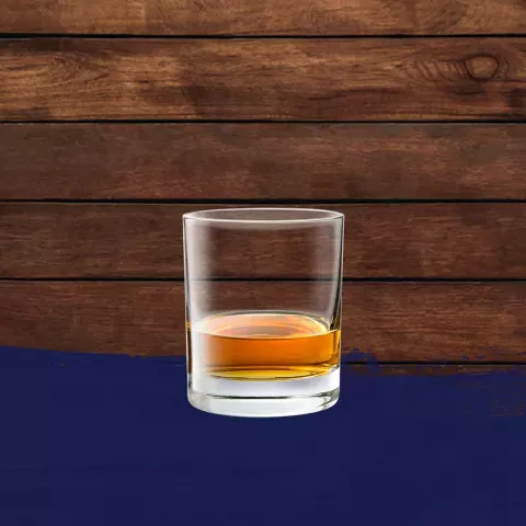 Cruzan® Rum neat cocktail in a clear glass set against an oak barrel background with a blue paint swash.