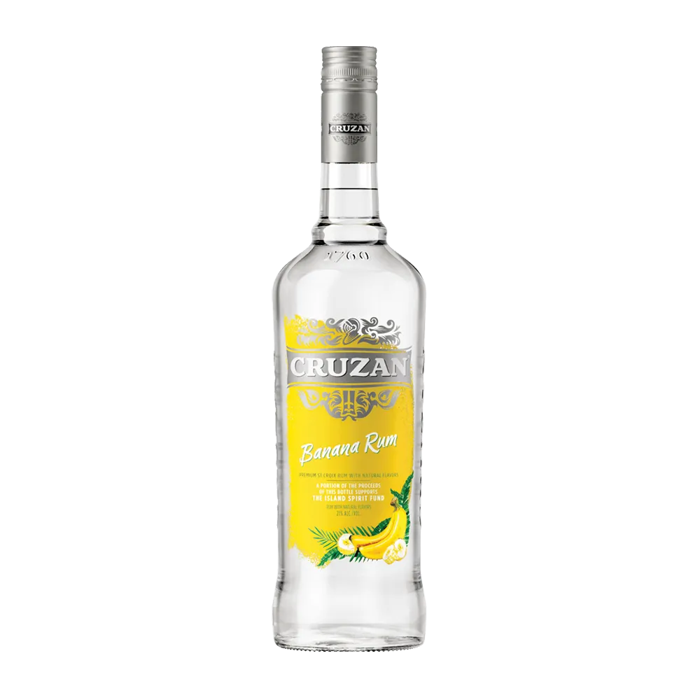 Cruzan Banana Rum clear glass bottle with a yellow label adorned with bananas.