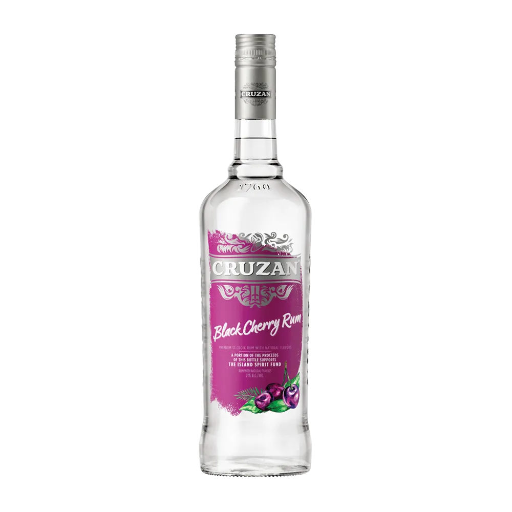 Clear glass bottle of Cruzan Black Cherry Rum with a magenta label and decorated with black cherries.