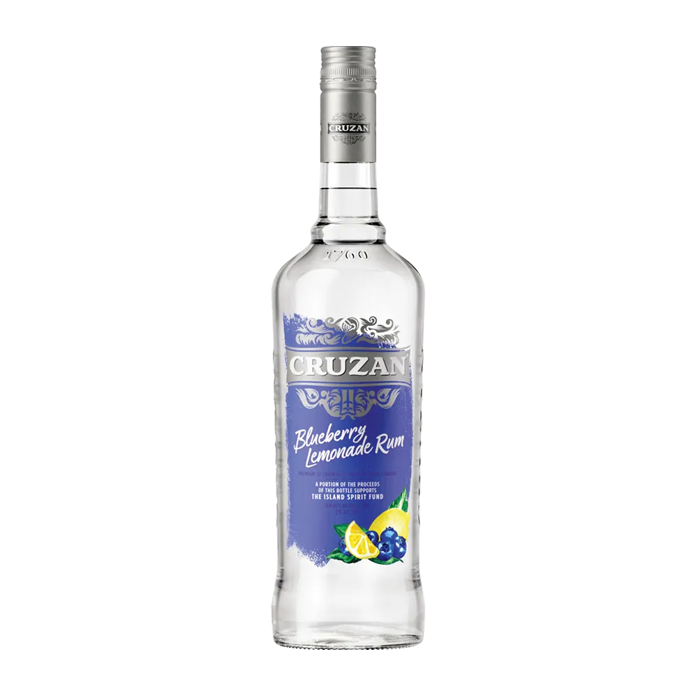 Clear glass bottle of Cruzan Blueberry Lemonade Rum with a blue label and decorated with blueberries and lemon wedges.