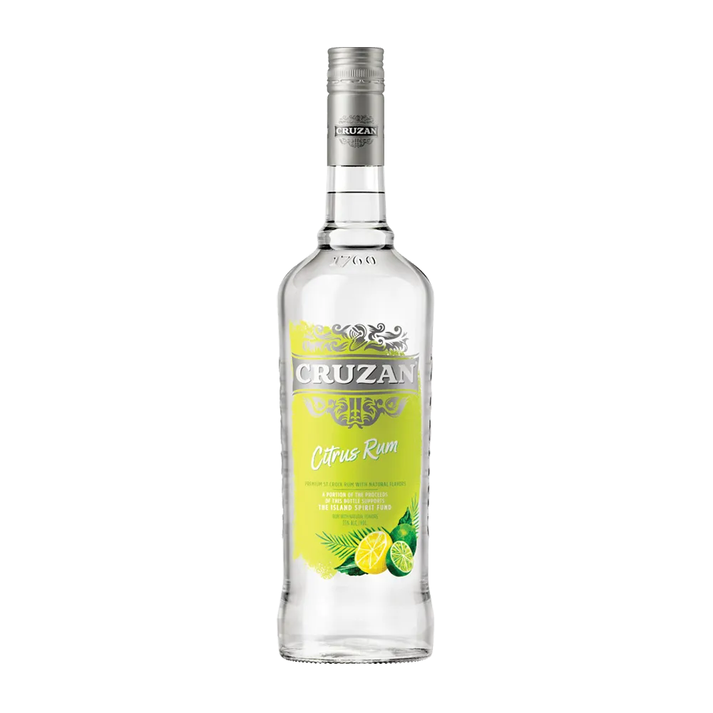 Cruzan Citrus Rum clear bottle with a lemon-lime yellow label adorned with lemons and limes.