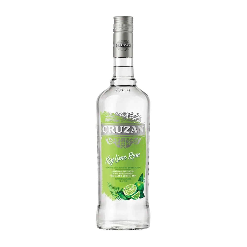 Clear glass bottle of Cruzan Key Lime Rum with a lime green label and decorated with limes.