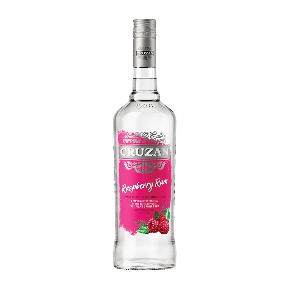 Clear bottle of Cruzan Raspberry Rum with a raspberry red label adorned with raspberries.