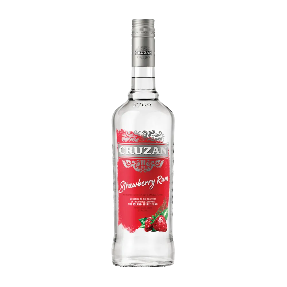 Cruzan Strawberry Rum clear bottle with a red label adorned with strawberries.