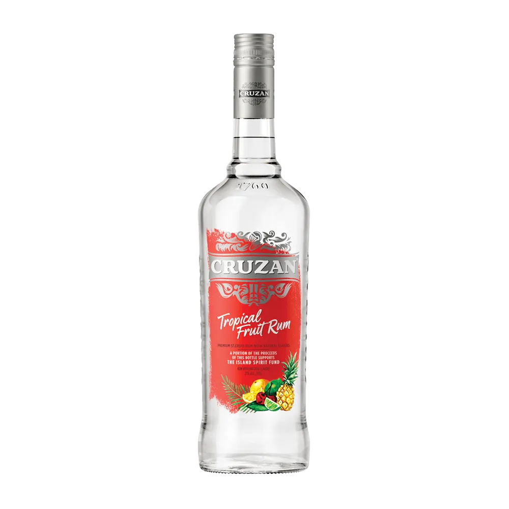 Clear glass bottle of Cruzan Tropical Fruit Rum with a bold red label and decorated with various tropical fruits.