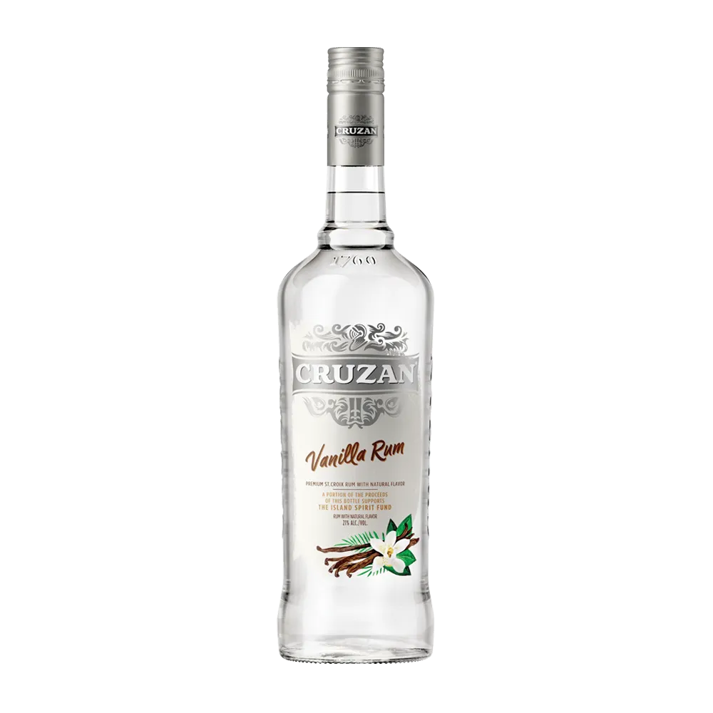 Cruzan Vanilla Rum clear glass bottle with a white label adorned with vanilla pods and flower.