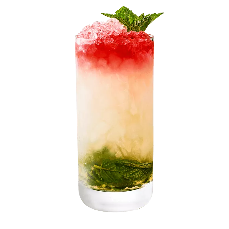 Queen's Park Swizzle Cocktail in a Collins glass with a red, white and green layered look.