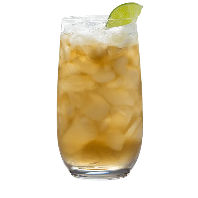 Stormy Weather cocktail in a tall cocktail glass, garnished with a lime wedge.