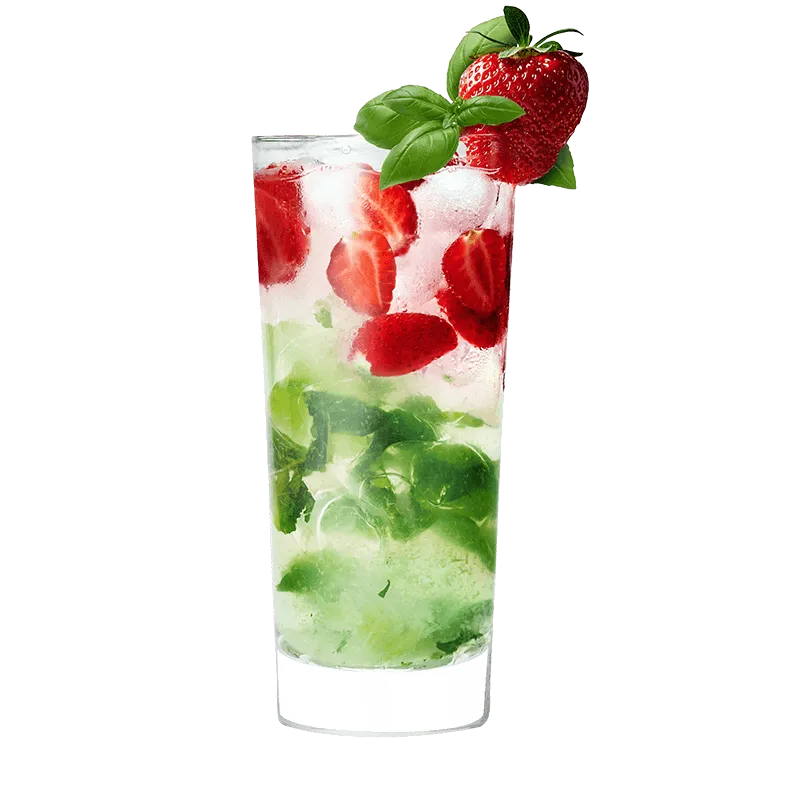 Cruzan® Strawberry Basil Smash cocktail in a tall clear glass mixed with basil and sliced strawberries.