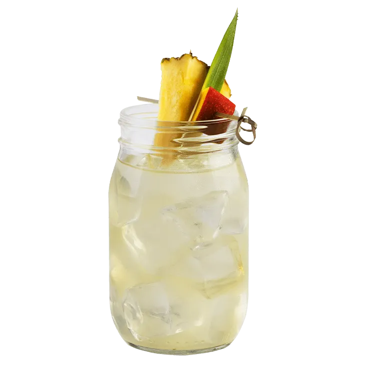 Cruzan® Confusion drink in a mason jar with a pineapple and mango garnish.