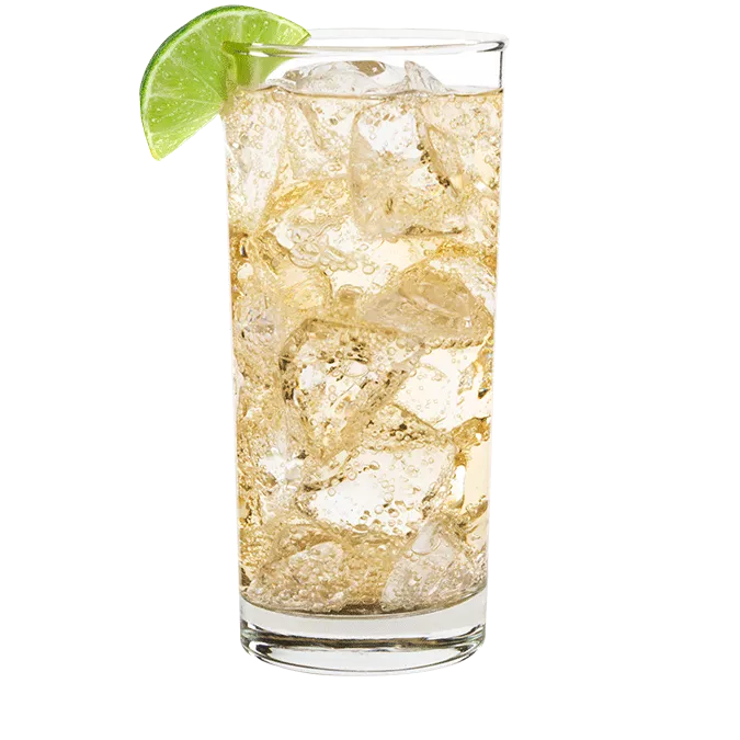 Cruzan® Aged Dark Rum and soda water in a tall clear glass garnished with a lime wedge.