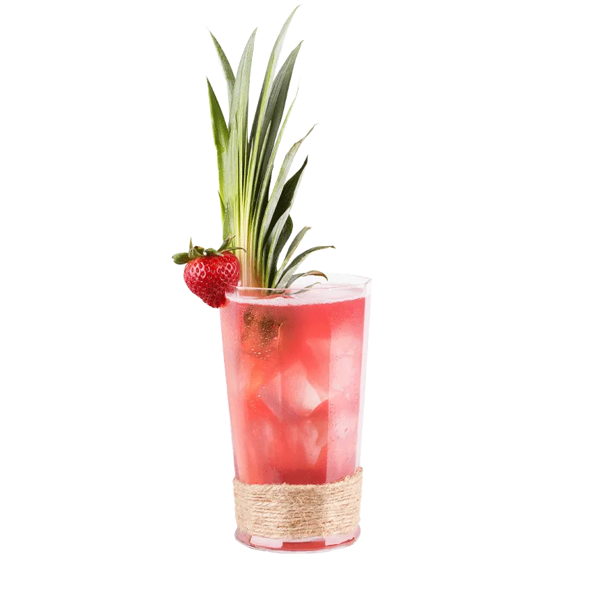Bay Breeze drink made with Cruzan® Aged Light Rum in a clear glass garnished with a strawberry and pineapple fronds.