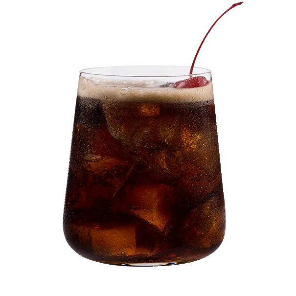 Black Cherry Rum & Cola in a small cocktail glass garnished with a cherry.