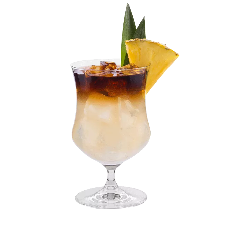 Cruzan® Black Strap Mai Tai drink in a clear cocktail glass garnished with a pineapple wedge.