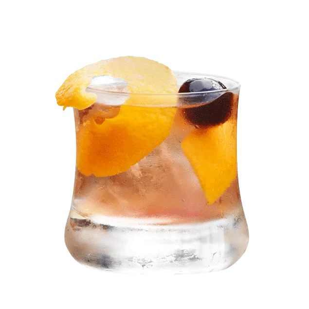 Cruzan® Morning cocktail, a light rum drink, in a rocks glass garnished with an orange peel and a black cherry.