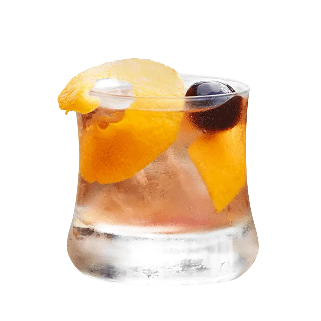 Cruzan® Morning cocktail, a light rum drink, in a rocks glass garnished with an orange peel and a black cherry.