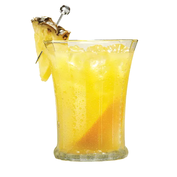 Endless Summer Punch cocktail in a clear glass garnished with pineapple.