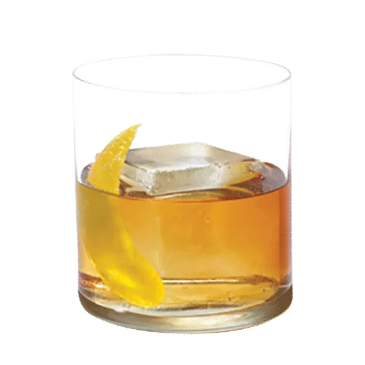 Rum old fashioned cocktail in a clear glass, a dark rum drink.