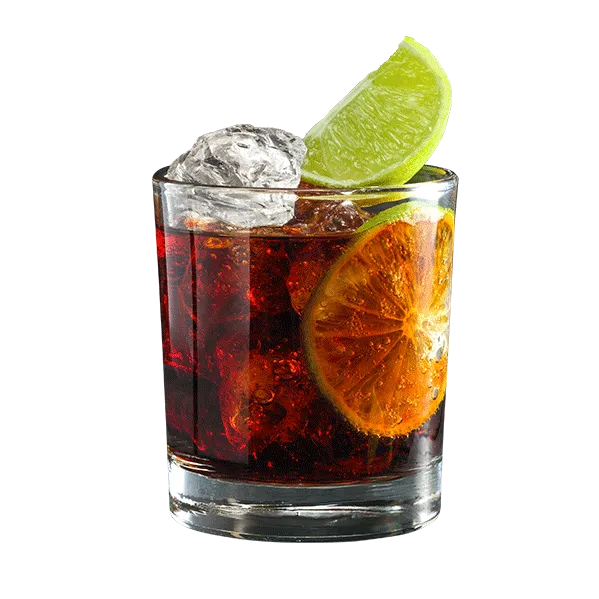 Rum & Cola cocktail in a clear glass garnished with a slice of lime.