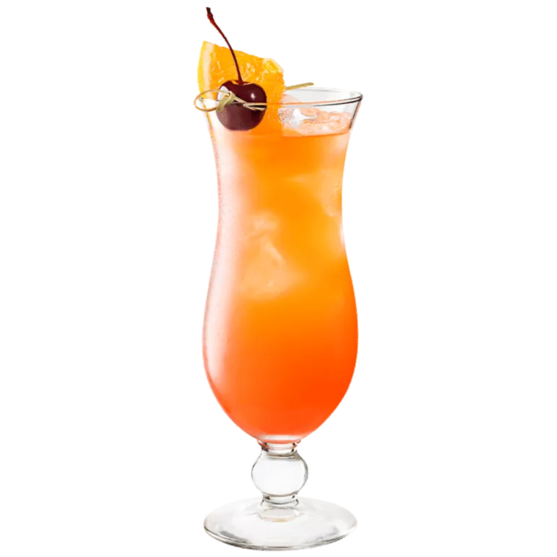 Hurricane cocktail in a clear glass garnished with a pineapple and cherry.