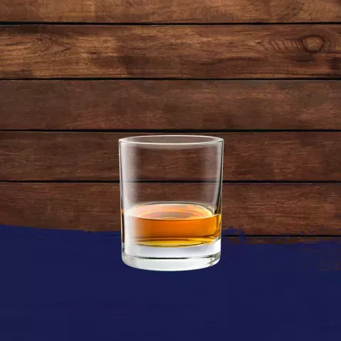 Cruzan® Rum neat cocktail in a clear glass set against an oak barrel background with a blue paint swash.