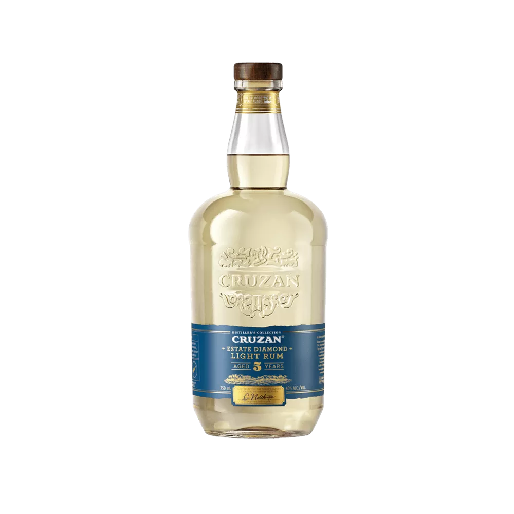 Cruzan® Estate Diamond™ Light Rum in a glass bottle with a blue label.