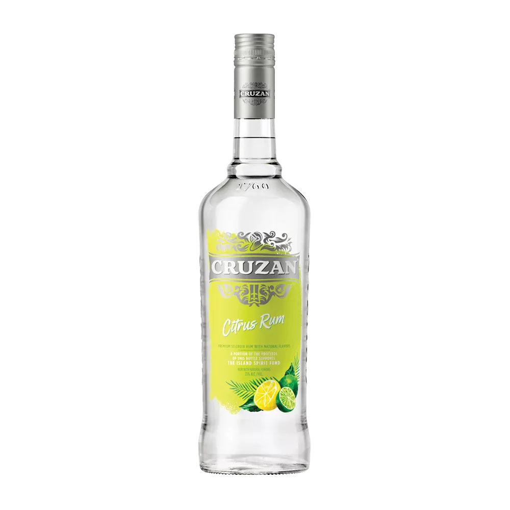 Cruzan Citrus Rum clear bottle with a lemon-lime yellow label adorned with lemons and limes.