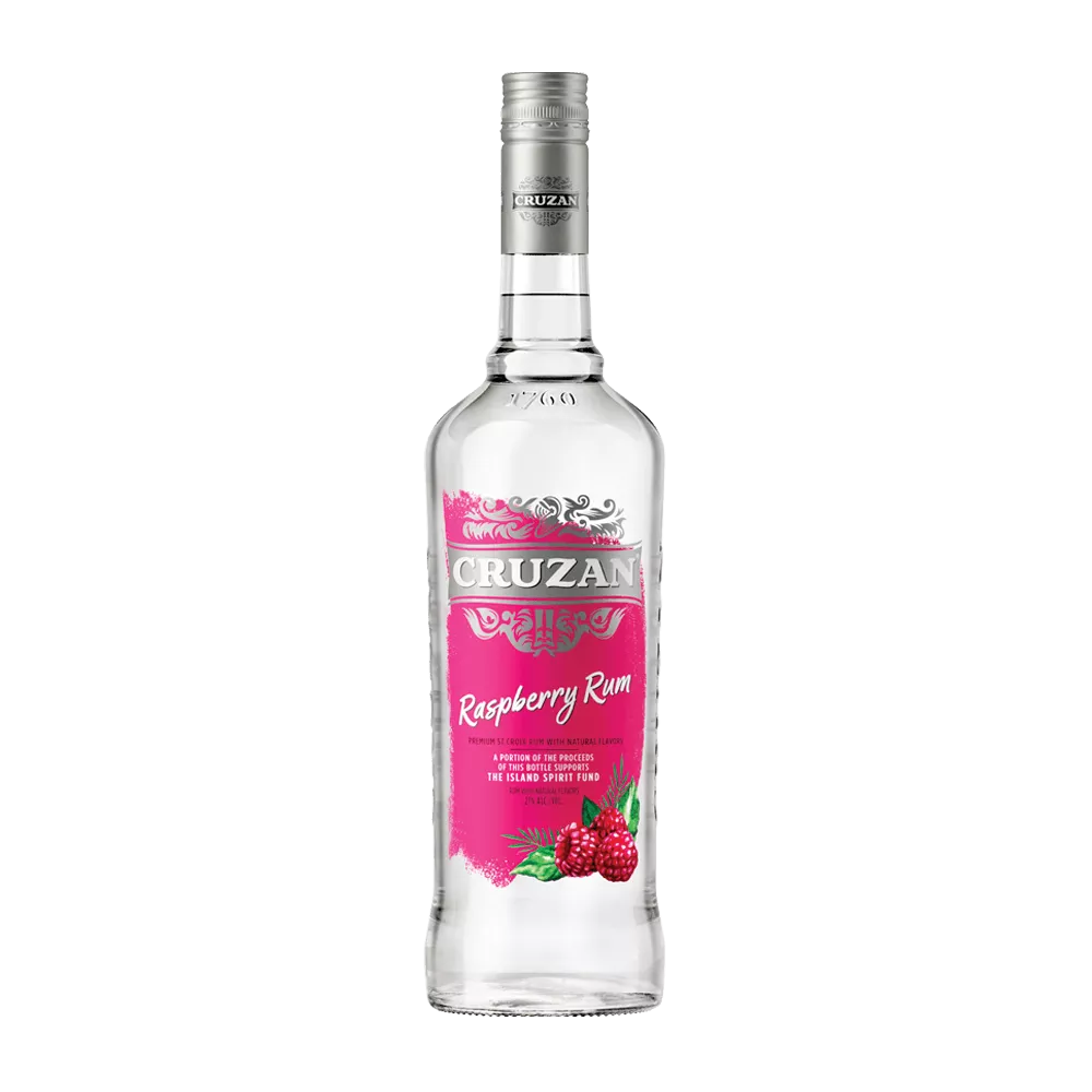 Clear bottle of Cruzan Raspberry Rum with a raspberry red label adorned with raspberries.