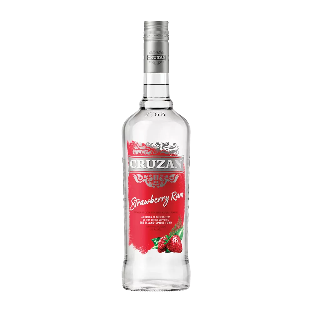 Cruzan Strawberry Rum clear bottle with a red label adorned with strawberries.