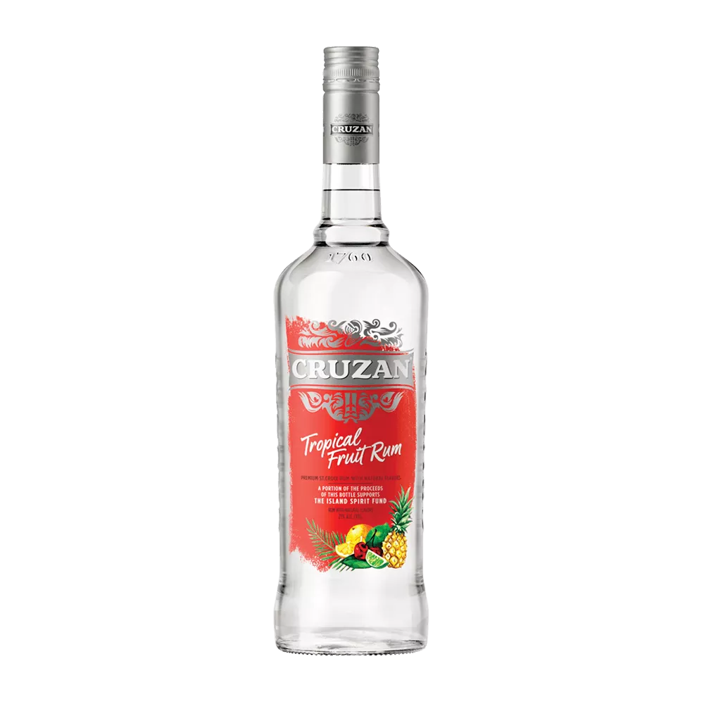 Clear glass bottle of Cruzan Tropical Fruit Rum with a bold red label and decorated with various tropical fruits.