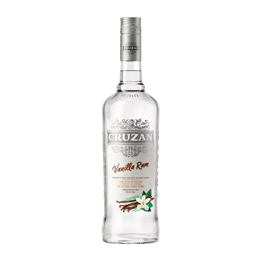 Cruzan Vanilla Rum clear glass bottle with a white label adorned with vanilla pods and flower.