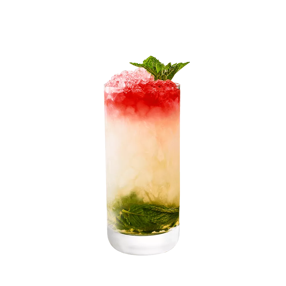 Queen's Park Swizzle Cocktail in a Collins glass with a red, white and green layered look.