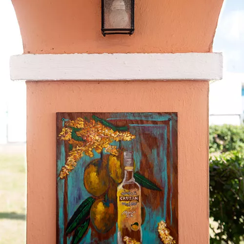 Painting of a Cruzan bottle under an archway.