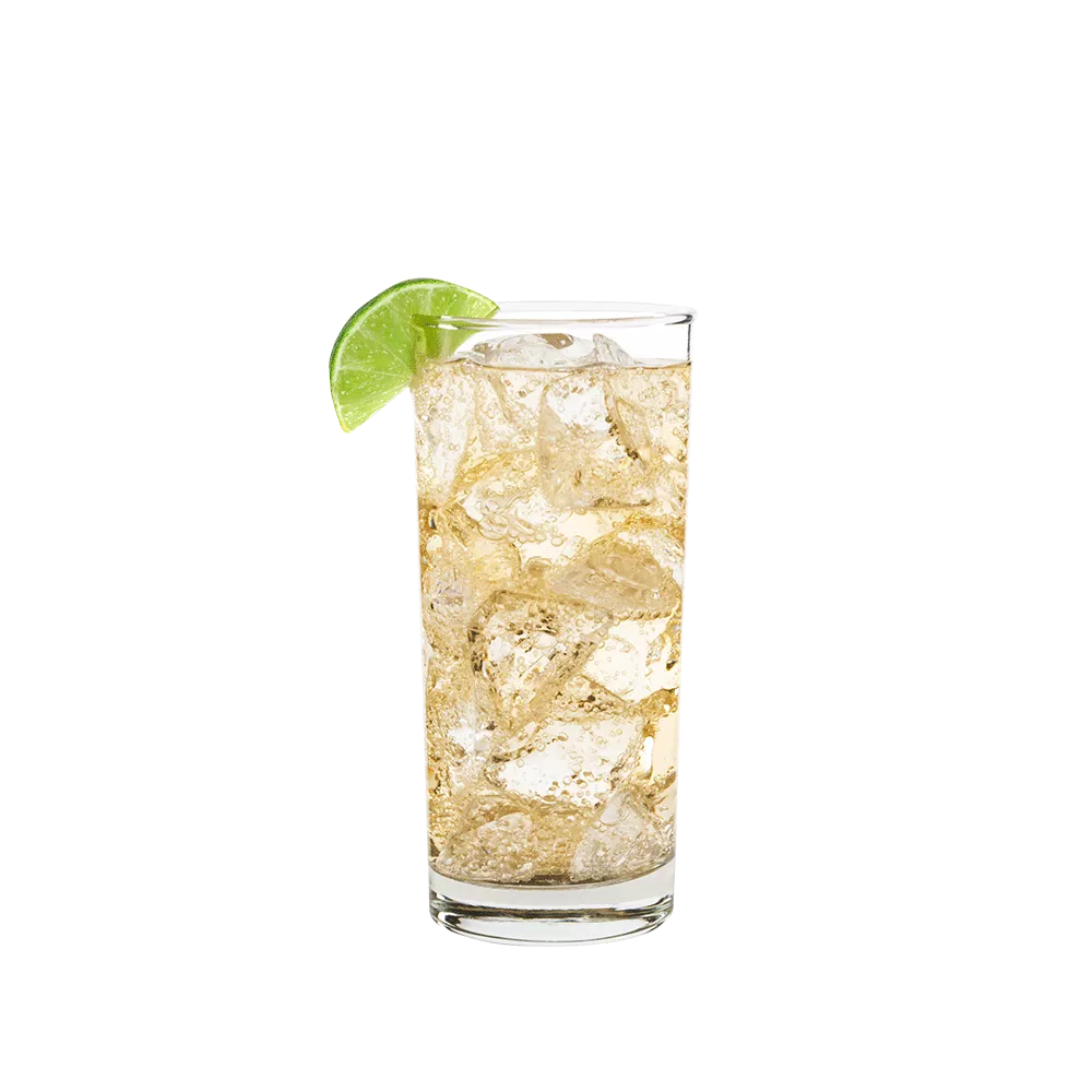 Cruzan® Aged Dark Rum and soda water in a tall clear glass garnished with a lime wedge.