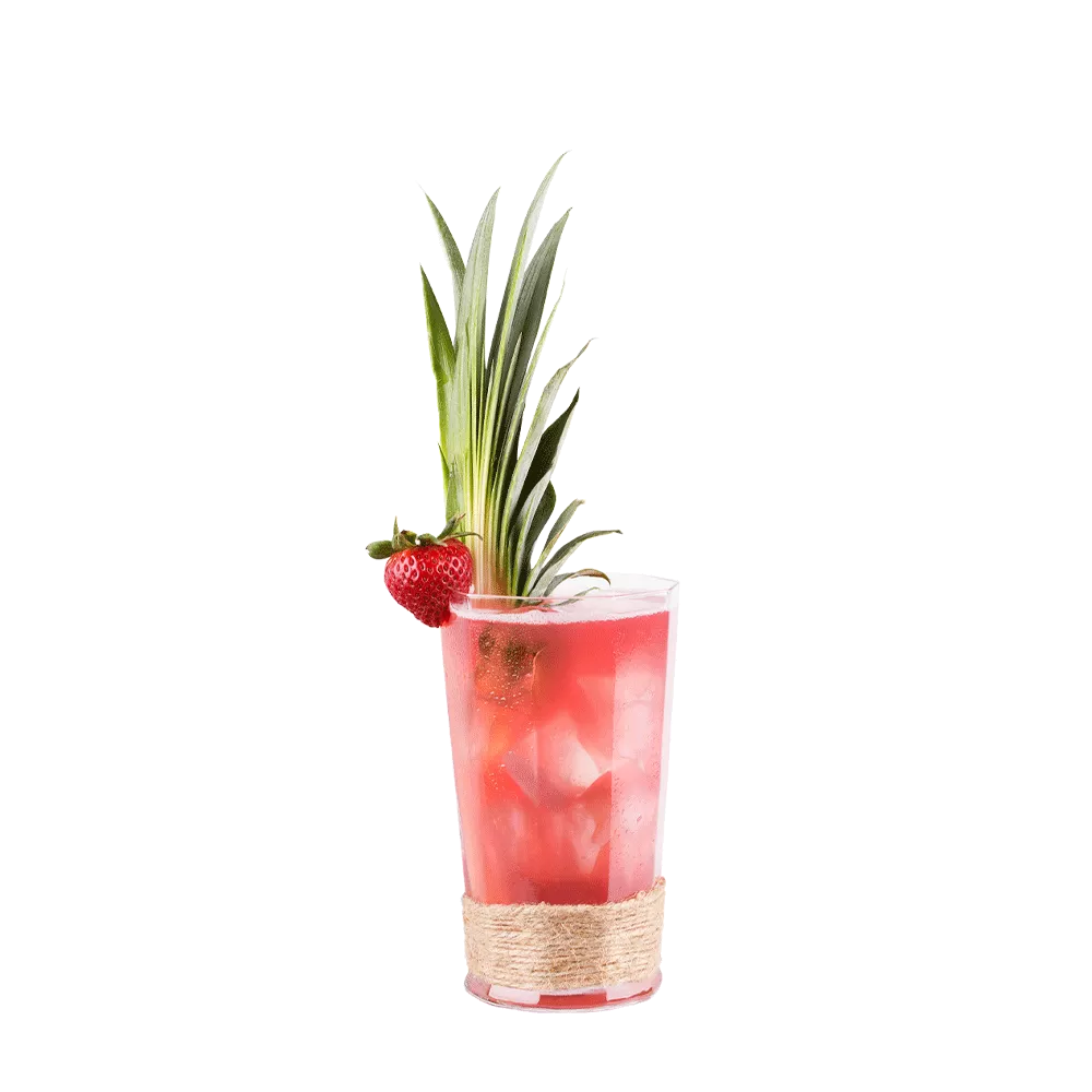 Bay Breeze drink made with Cruzan® Aged Light Rum in a clear glass garnished with a strawberry and pineapple fronds.