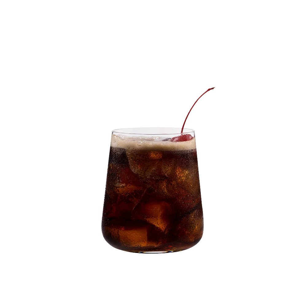 Black Cherry Rum & Cola in a small cocktail glass garnished with a cherry.
