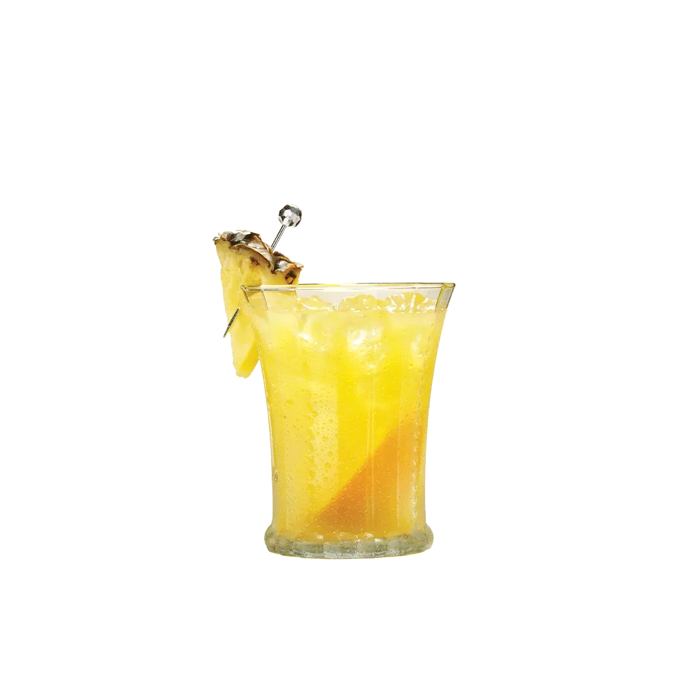 Endless Summer Punch cocktail in a clear glass garnished with pineapple.