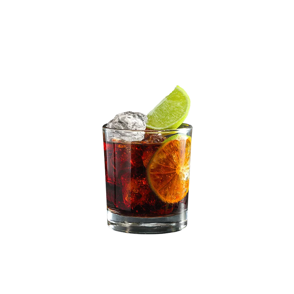 Rum & Cola cocktail in a clear glass garnished with a slice of lime.
